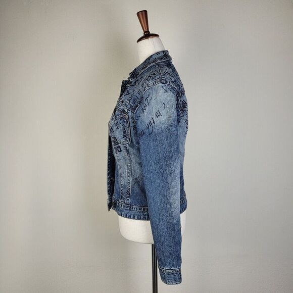 Rocawear Jacket Womens Medium Blue Denim Jean Trucker Y2K Urban Hip Hop Graffiti - Picture 4 of 6